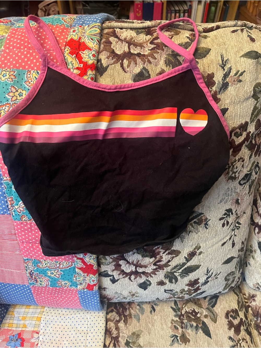 Black Crop Tank Top with Lesbian Flag and Heart